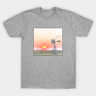 Farm Scene with Rustic Windmill Playing into the Sunset T-Shirt